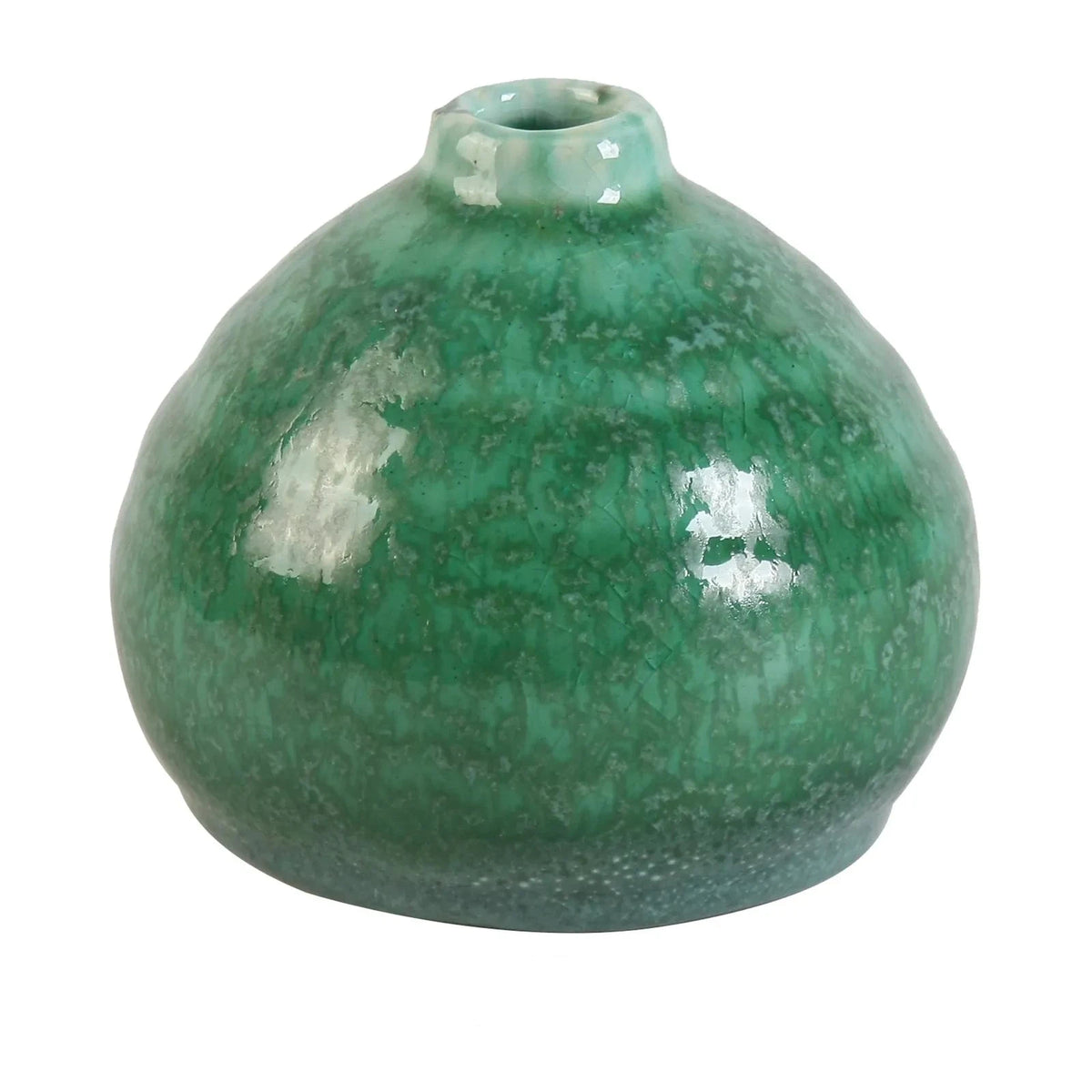 Green ceramic vase with speckled texture on a white background