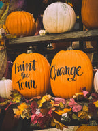 Three painted pumpkins (placeholder)