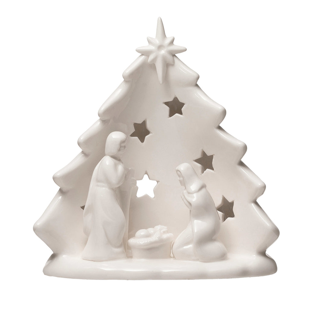 Stoneware Holy Family with Tree Cut-Outs, White
