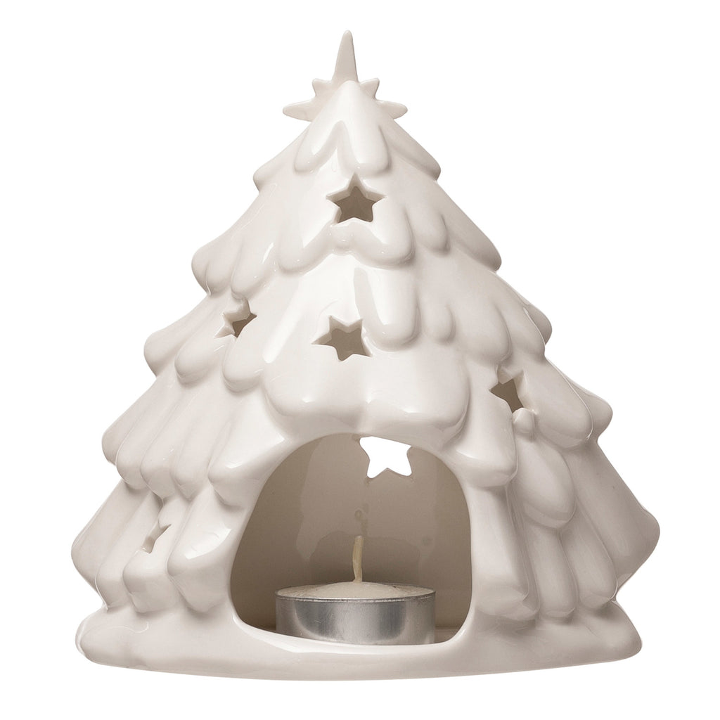 Stoneware Holy Family with Tree Cut-Outs, White