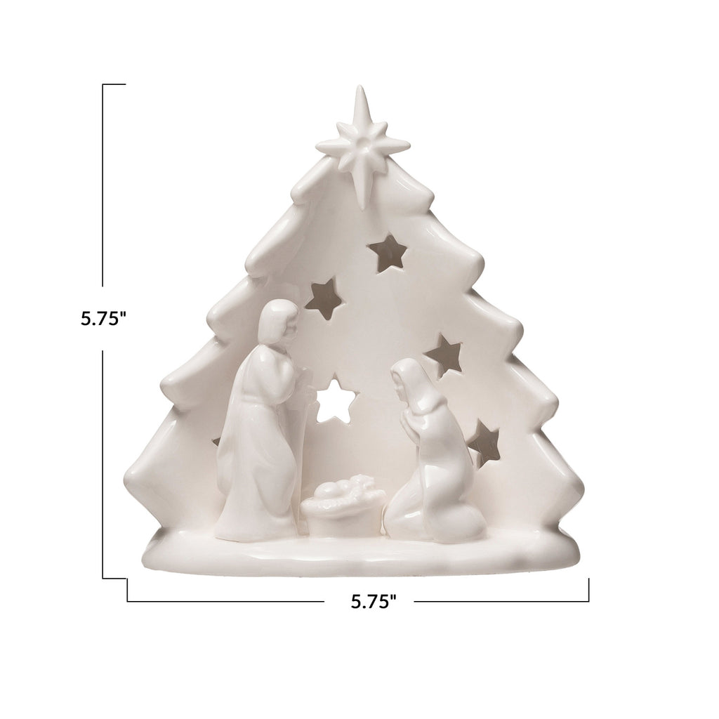 Stoneware Holy Family with Tree Cut-Outs, White