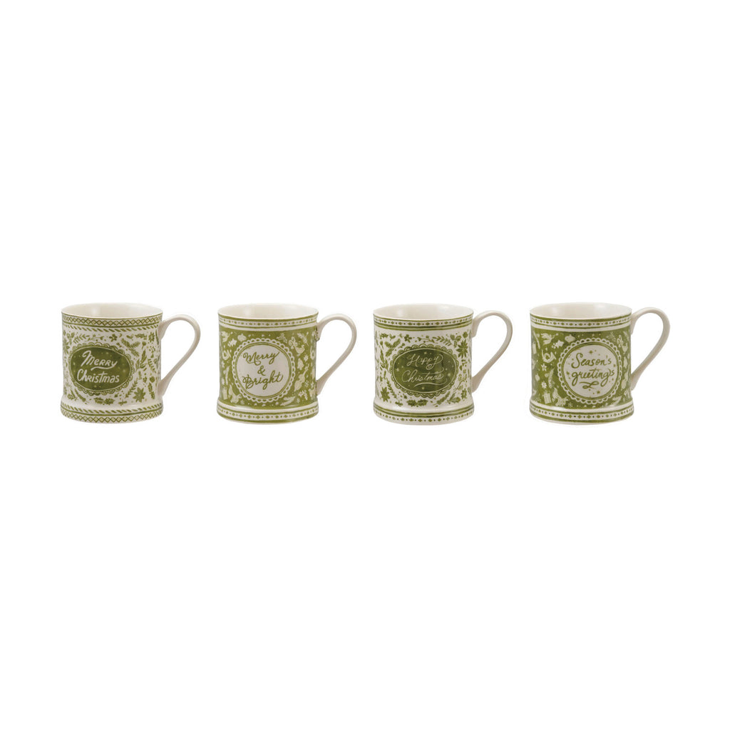 Holiday Stoneware Mug with Saying, Green & White (Assorted)
