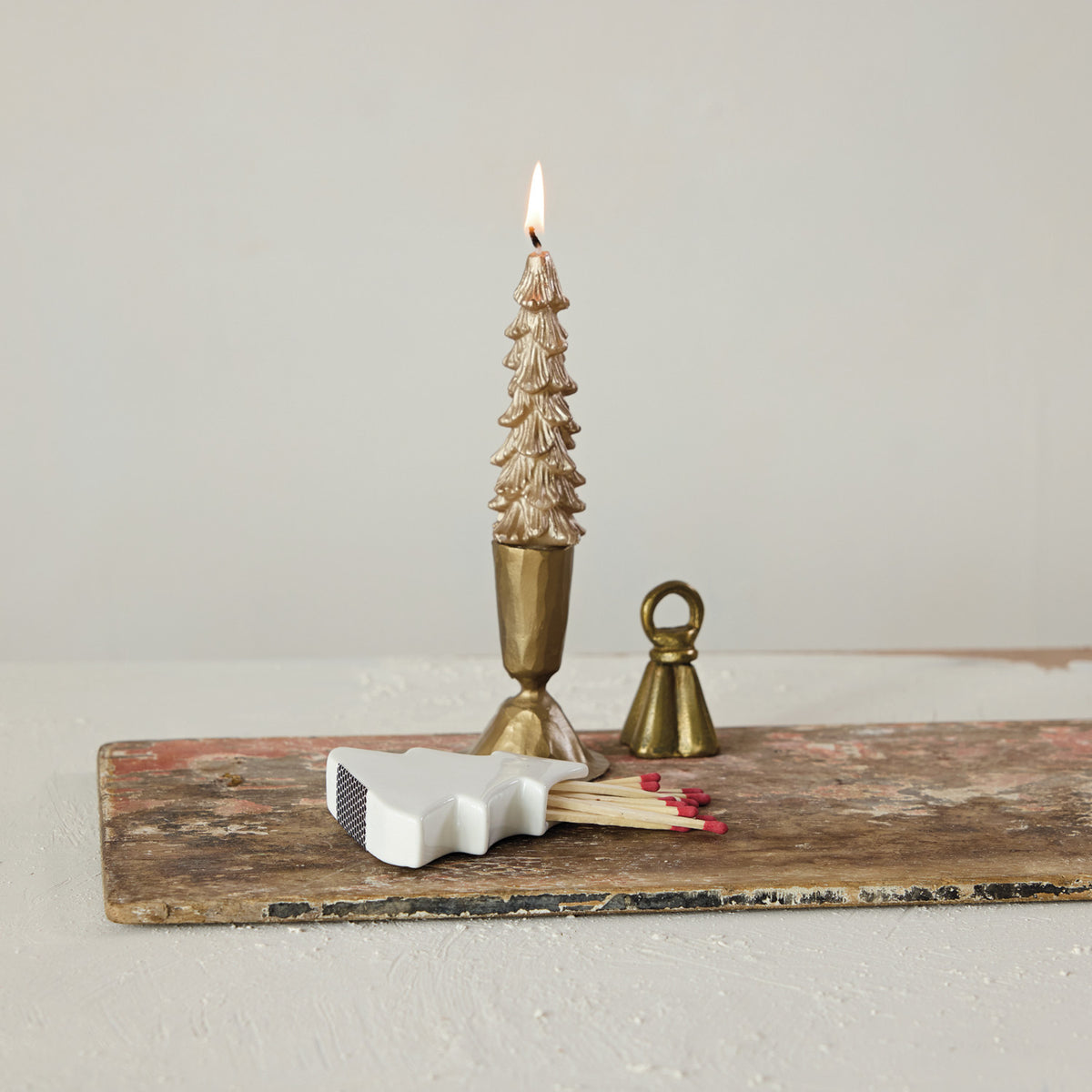 Stoneware Tree Match Holder with Striker, White