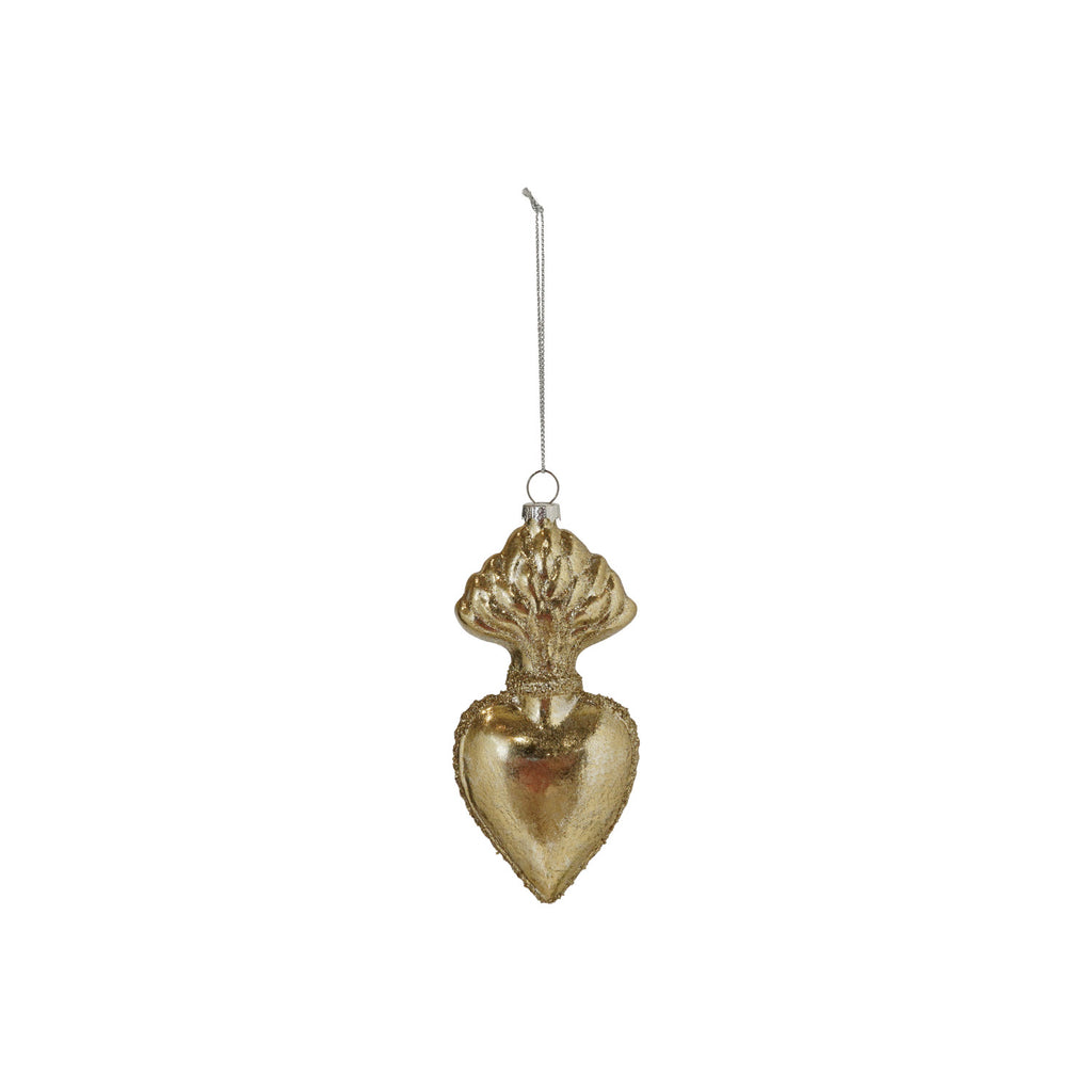 Glass Sacred Heart Ornament, Gold Glitter