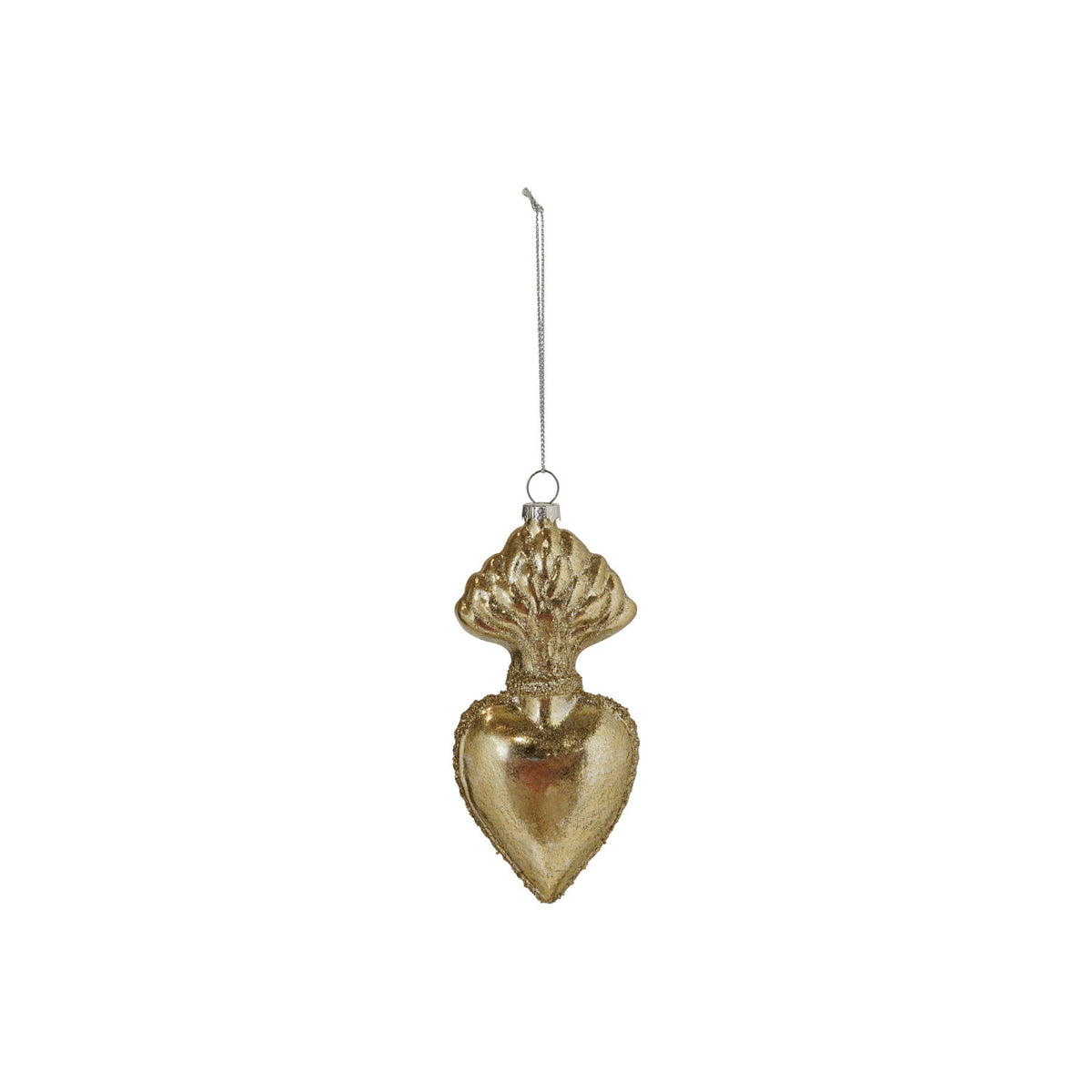 Glass Sacred Heart Ornament, Gold Glitter