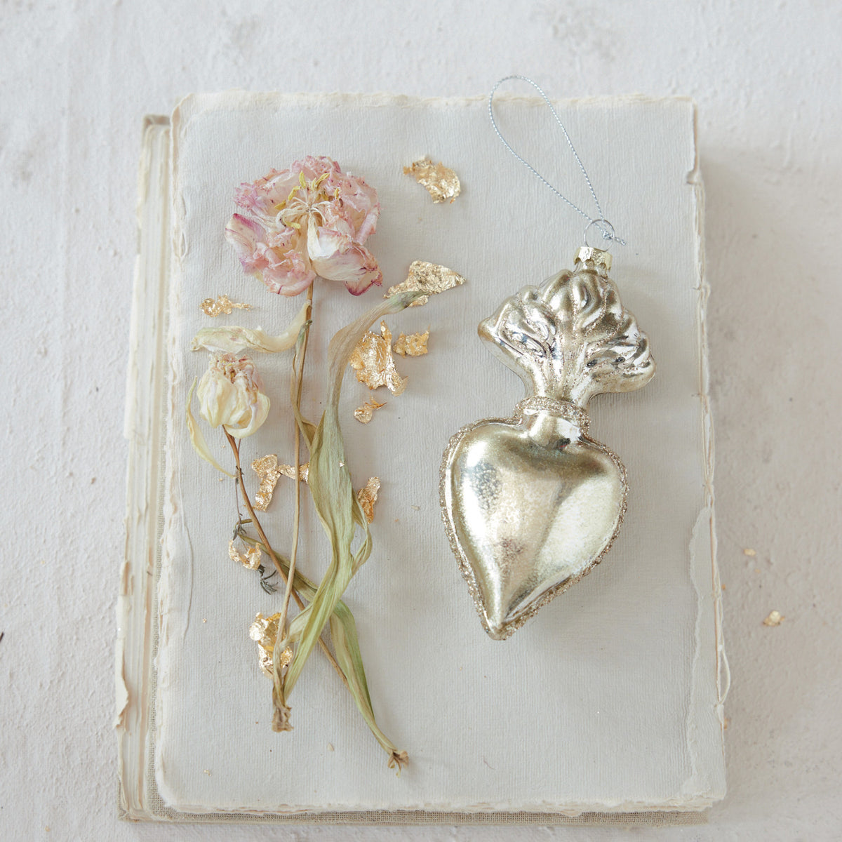 Glass Sacred Heart Ornament, Gold Glitter